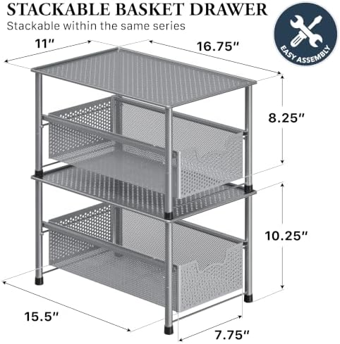 Simple Houseware Stackable Under Sink Sliding Basket Drawer, Silver - Image 2
