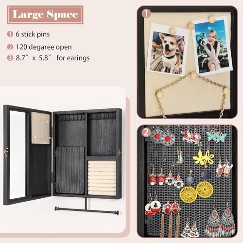 Keebofly Wall Mounted Jewelry Organizer With Rustic Wood Large Space Jewelry Cabinet, Holder, Storage Box for Necklaces, Earrings, Bracelets, Ring Holder, and Accessories Black - Image 3