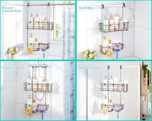 HapiRm Hanging Shower Caddy Organizer - No Drilling Shower Shelves with Hooks and Toothbrush Holder, Rustproof 304 Stainless Steel Bathroom Organizer - Brushed Nickel - Image 4