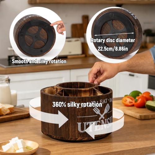 Wood Rotating Utensil Holder for Kitchen Countertop, 360° Lazy Susan Kitchen Utensil Organizer with 5 Compartments, Wooden Spatula Spoon Fork Storage Rack, Rustic Farmhouse Cooking Tool Holder - Image 5
