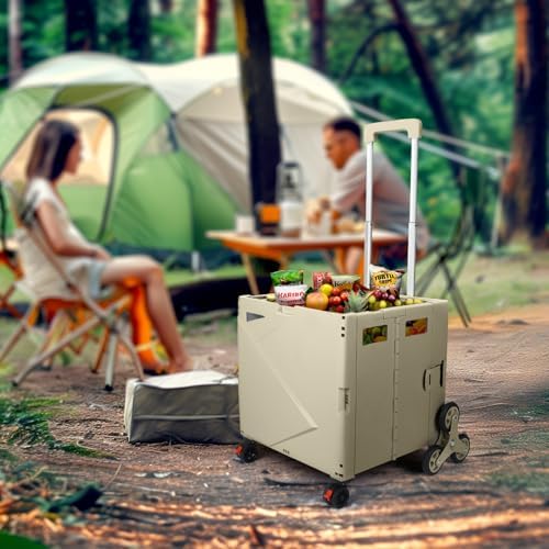 76L Folding Utility Cart Portable Rolling Crate Handcart Shopping Collapsible Tool Box with Stair Climbing Wheels,Hidden Lid,2 Rotate Wheels,for Grocery,Shopping,Office,Storage(Brown) - Image 2