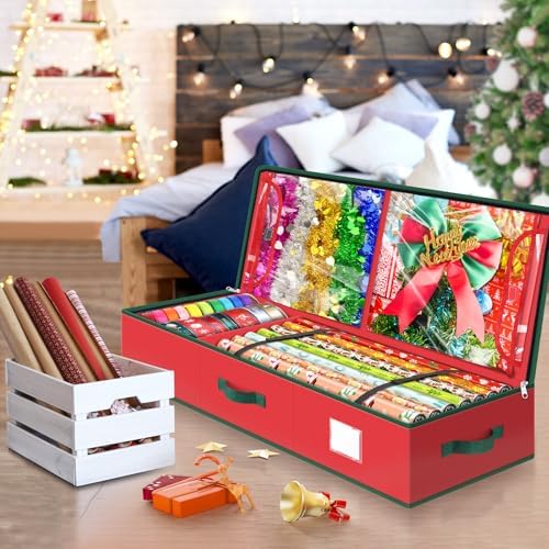 BlessedSeason Wrapping Paper Storage Organizer for 40 Inch Christmas Gifts Wrapping Paper, 2 Visible Supplies Pockets for Holiday Accessories, Christmas Decoration Storage Containers, Red - Image 7