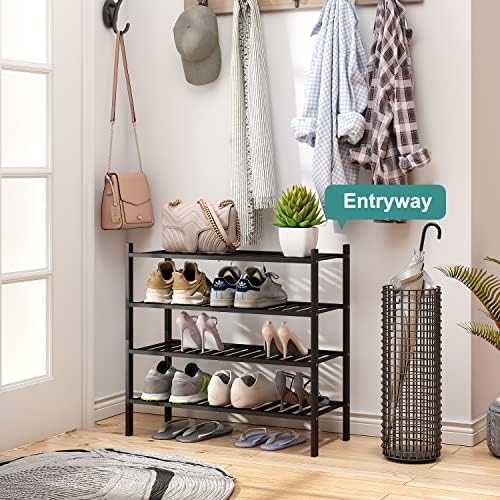 viewcare 4-Tier Black Bamboo Shoe Rack for Entryway, Stackable | Foldable | Natural, Shoe Organizer for Hallway Closet, Free Standing Shoe Racks for Indoor Outdoor - Image 2