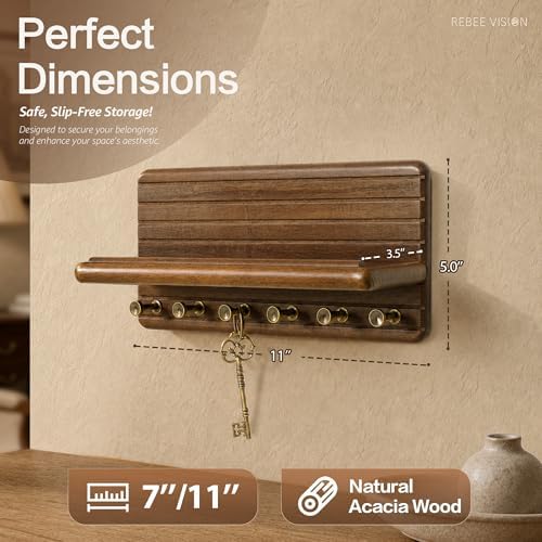 Rebee Vision Acacia Wood Key Holder Wall Mount for Entryway, Brown - Image 2