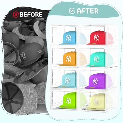 SCAVATA 6 Pack Hat Organizer Box, Stackable Clear Baseball Caps Holder Box Containers with Magnetic Door for Hats Snapback Cap Storag, Hat Rack Display Case, Holds 8 Hats Each (Clear) - Image 5