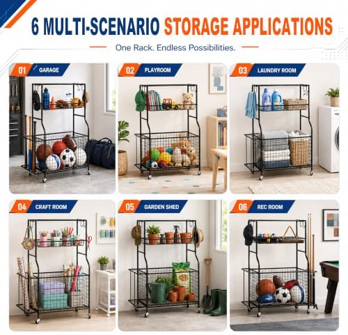 DuraMax Sports Storage Rack for Garage with Wheels, Ball Storage Rack and Sports Equipment Storage Rack, Garage Sports Organizer with Mesh Bin, Basket, Hooks and Bat Rack - Image 6