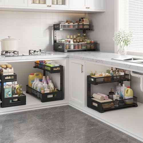 1 Pack 17IN Depth Under Sink Storage Organizer, Large 2-Tier Elegant Mesh Pull Out Shelf for Kitchen and Bathroom Cabinet Organization, L-Shaped and Adjustable Height Design-Black - Image 6