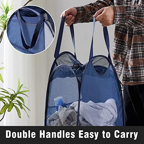 TECHMILLY Collapsible Mesh Pop Up Laundry Hamper with Sturdy Handles and Side Pocket - Portable Foldable Clothes Baskets for Dorm, Bathroom & Travel Storage (with Drawstring, Blue) - Image 6