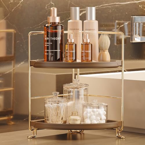 FSyueyun 2-Tier Corner Bathroom Counter Organizer, Gold & Brown by FSyueyun