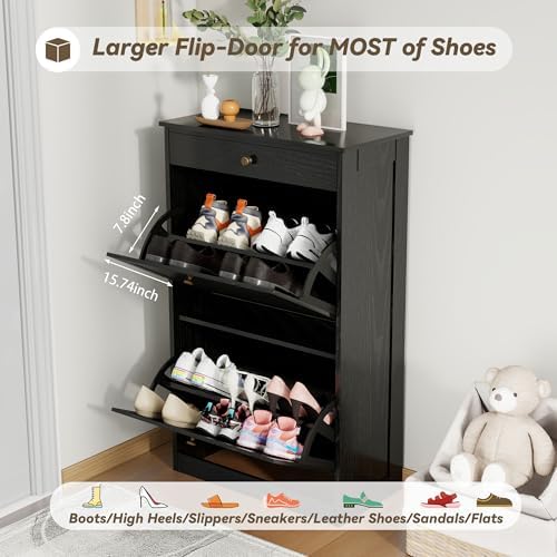 Shoe Storage Cabinet with 2 Flip Drawers, Shoe Cabinet Organizer, Black - Image 4