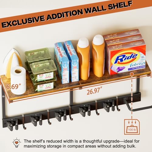 Broom Holder Wall Mount with Cleaning Supplies Organizer, Laundry Room Organization and Storage Shelves with Mop Hanger Rack Gripper Hooks, Utility Shelf Closet Organizer for Home Garage Kitchen - Image 3