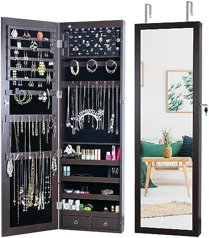 8 LED Lights Jewelry Armoire with Mirror Cabinet Door/Wall Mounted by MASMIRE