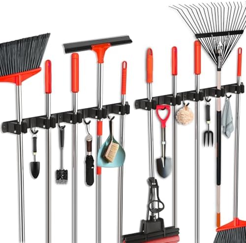 2 Pack Mop and Broom Holder Wall Mount, Upgraded Broom Hanger Wall Mount, Stainless Steel Broom Organizer for Closet Garage Laundry Room Kitchen Wall Decor Black 5R4H by FODARSAI