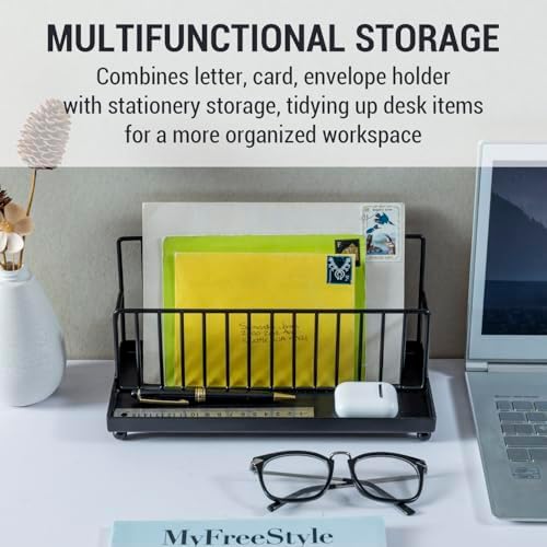 MyGift Industrial Matte Black Metal Wire Tabletop Mail Holder and Pen Storage Tray, Home Office Desk Accessories Organizer with Letter Card Envelope Rack - Image 2