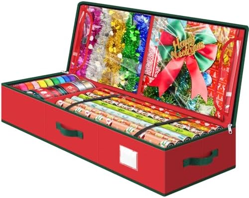 BlessedSeason Wrapping Paper Storage Organizer for 40 Inch Christmas Gifts Wrapping Paper, 2 Visible Supplies Pockets for Holiday Accessories, Christmas Decoration Storage Containers, Red by Unknown