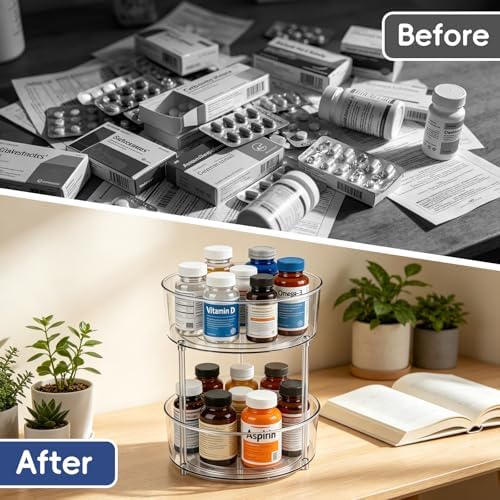 2 Tier Medicine Bottle Organizer, Lazy Susan Organizer for Prescription and Vitamin Bottles, Medicine Cabinet Organizer for Countertop and Bathroom, Transparent Organizer for Empty Pill Bottles - Image 2