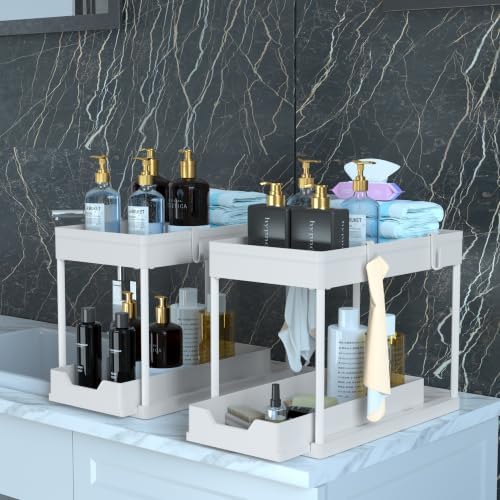 MEAFBIRD 2 Pack Under Sink Organizer, 2 Tier Bathroom Cabinet Organizer with Sliding Basket, Multi-Purpose Under Sink Organizers and Storage for Bathroom Kitchen (White 2 Pack) - Image 6