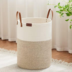 VIPOSCO Tall Laundry Basket, Large Dirty Clothes Hamper with Leather Handle, Woven Rope Storage Basket for Blanket, Toy In Living Room, Bathroom, Bedroom - 58L White & Brown by VIPOSCO