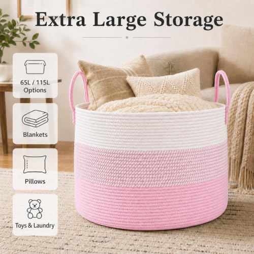 JMvicyroam 65L Extra Large Blanket Basket for Living Room - Woven Cotton Rope Laundry Hamper with Reinforced Handles - Storage Bin for Pillows, Comforters & Toys - Machine Washable,White&Pink Mix - Image 2