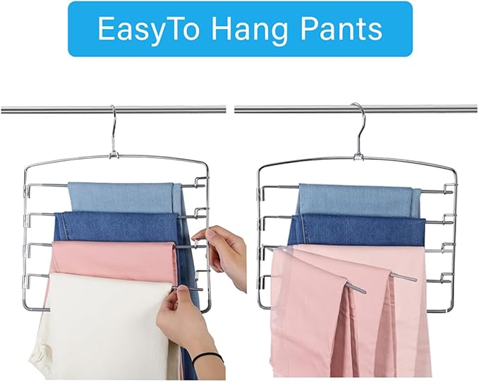 Pants Hangers 6 Pack 5 Layers Multi Functional Pants Rack Swing Arm Space Saver Hanger for Trousers Jeans Towels Scarf （Grey） - Image 4