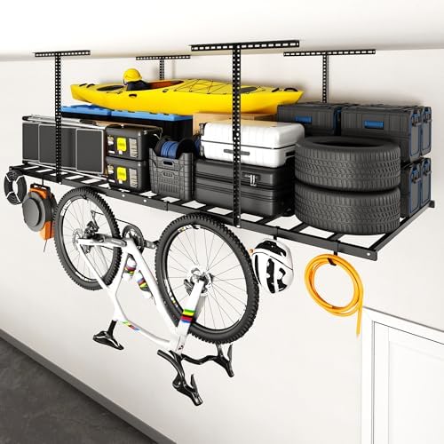 FLEXIMOUNTS 4x8 Overhead Garage Ceiling Storage Rack with 6 Hooks, Black by FLEXIMOUNTS