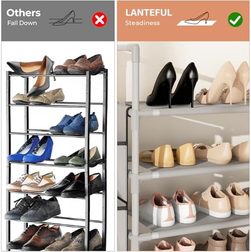 LANTEFUL 6 Tier Shoe Rack Storage for 24-30 Pairs Shoe and Boot, Shoe Organizer with Hook and Side Pocket Free Standing Long Shoe Shelf Tall Shoe Rack Organizer for Closet, Entryway, Dorm, Grey - Image 6
