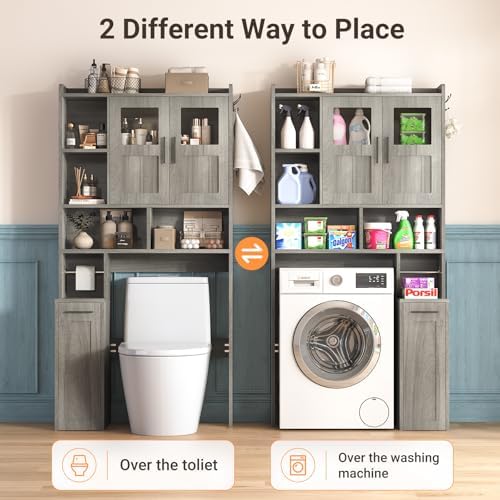 ELYKEN Over The Toilet Storage Cabinet with Pulley & Glass Doors, Grey - Image 5