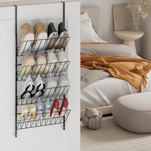 SWTYMIKI Over the Door Shoe Organizer - Adjustable 4 Tier Hanging Shoe Rack Organizer, Metal Heavy Duty Behind Door Storage or Wall Mount Shoes Shelf for Flats, Heels, Sneakers, Boots Black - Image 2