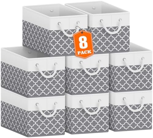 Fab totes Storage Bins 8-Pack, Foldable Storage Baskets for Organizing Toys, Books, Shelves, Closet, Large Storage Box with Rope Handles, Sturdy Organizer Bins,Clover Grey by Fabtotes