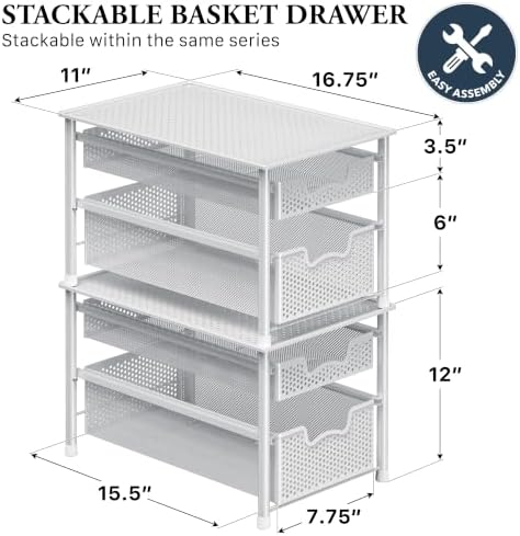Simple Houseware Stackable 2 Tier Sliding Basket Organizer Drawer, White - Image 2