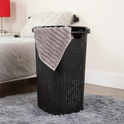 Mind Reader 60L Slim Laundry Hamper, Clothes Basket, Lid, Wicker Design, Plastic, 17.65"L x 13.75"W x 24.15"H, Black - Image 2