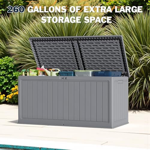 Greesum 260 Gallon HDPE Outdoor Storage Box - Waterproof, Large Capacity Deck Box with Removable Dividers for Patio, Yard, Garden Tools, Light Grey - Image 2