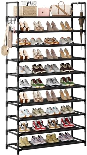 Shoe Rack, 10 Tier Shoe Storage Organizer with Hooks,Fit 40-45 Pairs Shoes,Nonwoven Fabric Tall Shoe Shelf for Closet,Entryway, Hallway,Garage,Bedroom,Cloakroom by Unknown