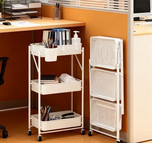 Foldable Rolling Cart 3-Tier Small Foldable Utility Storage Cart Multifunctional Metal Storage Bin Heavy Duty Organizer Carts with Rolling Wheels for Home Office (White) - Image 3
