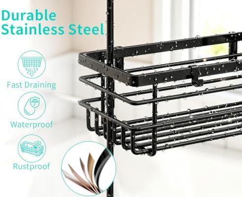 HapiRm Hanging Shower Caddy – For Renters & Small Bathrooms, Fits Shower Curtain Rods, No Drilling, 2 Rustproof 304 Shelves, 4 Hooks, and a Detachable Toothbrush Holder You Can Rinse - Black - Image 5