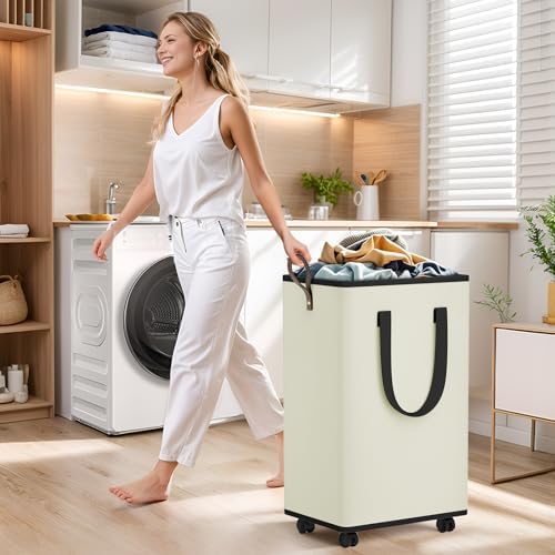 SpaceTrove Rolling Laundry Basket with Wheels, Laundry Hamper, 100L, Cream - Image 6