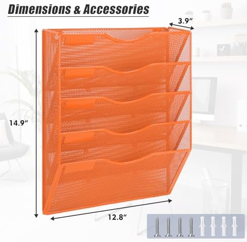 EASEPRES 5 Pocket Mesh Hanging Wall File Organizer, Wall Mounted Mail Paper Document Folder Holder, Clipboard Storage Organization Magazine Rack with Nametag Label for Office Home School, Orange - Image 2