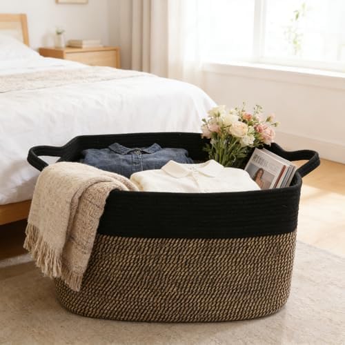 65L Laundry Basket with Handles, Woven Blanket Basket, Black/Jute - Image 4