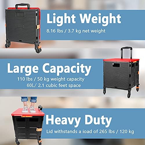 FELICON SELORSS Foldable Utility Cart Folding Portable Rolling Crate-Red - Image 3