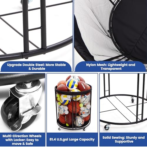 Kingarage Ball Storage Bin, Sports Ball Storage Cart, Ball Holder with Wheels for Basketball, Soccer, Garage, School, Indoor, Outdoor Ball Basketball Storage Rack Upgraged - Image 3