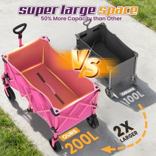 Wagons Carts Foldable,Collapsible Wagon with Wheels,450LBS Heavy Duty Beach Wagon Cart,Lightweight Portable Folding Utility Wagon Cart with Cup Holders for Camping, Garden, Sports, Grocery pcs (Pink) - Image 3