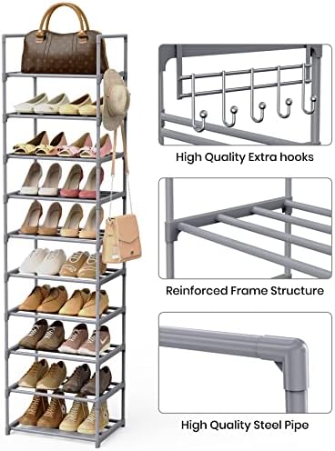 10 Tiers Tall Shoe Rack Narrow 20-24 Pairs Shoe Rack for Closet Entryway Vertical Metal Shoe Rack Organizer Shoe and Boots Organizer Storage Sturdy Shoe Shelf Shoe Stand Gray - Image 6