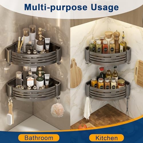 Corner Shower Caddy, Adhesive Shower Corner Organizer Shelves with Hooks,No Drilling Shower Shelves for Bathroom Kitchen 2 Pack - Image 7