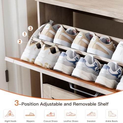 Nicetree Shoe Cabinet for Entryway, 3 Flip Drawers Shoe Storage Cabinet with 3-Tier Adjustable Shelves, Ultra Slim Freestanding Hidden Shoe Organizer with Barn Door Design, Dove Gray - Image 6