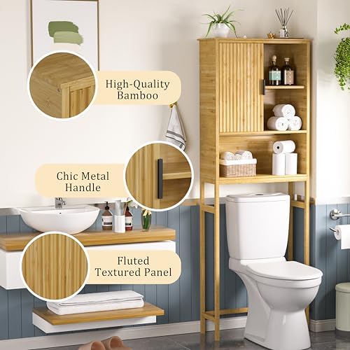 Yardenaler Over The Toilet Storage Cabinet with Fluted Doors, Bathroom Over Toilet Rack with Adjustable Shelf Bamboo FreeStanding Space-Saving Storage Organizer, Natural - Image 6