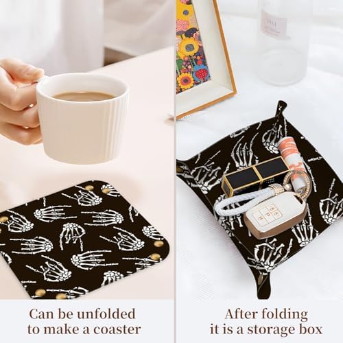 PU Leather Jewelry Valet Tray, Portable Catchall Tray for Keys, Wallet, Watch, Travel Organizer for Nightstand Desk Entryway Home Decor Gift for Women Men Rock Skeleton Hand - Image 3