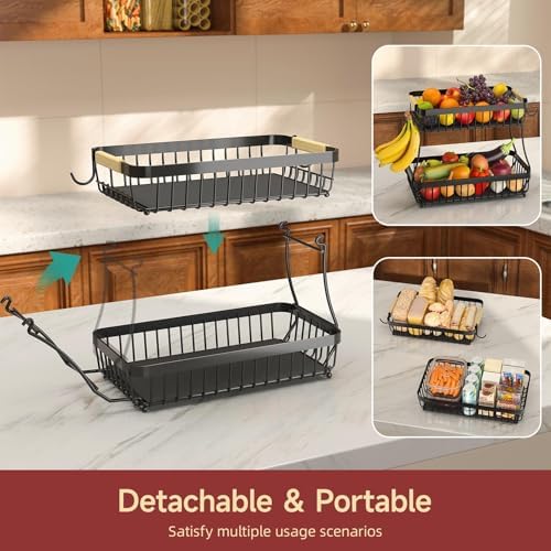 Sevenblue 2-Tier Fruit Basket with Banana Hangers, Detachable Metal Bowl - Image 3