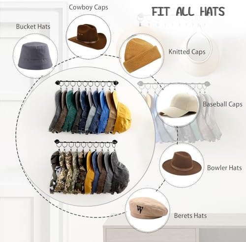 Viklluyr Hat Rack for Baseball Cap Hat Storage with 20 Hooks - Modern Metal Hat Organizer Wall Mounted Caps Hanger Set of 2 for Closet Door Bedroom Entryway Laundry - Image 3