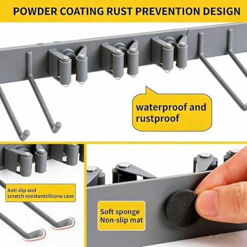 Over Door Tool Organizer, Heavy Duty Utility Rack with 3 Slots, 2 Hooks and 1 Basket, Power Tool & Garden Tool Storage for Garage, Workshop, Warehouse, Fits Brooms and Mops - Grey - Image 5