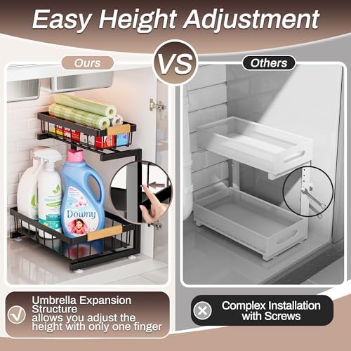 ADBIU Under Sink Organizer, 2 Pack 2 Tier Expandable Height (13.2" - 17.2") Pull out Kitchen Bathroom Cabinet Organizers and Storage Shelf - Image 3